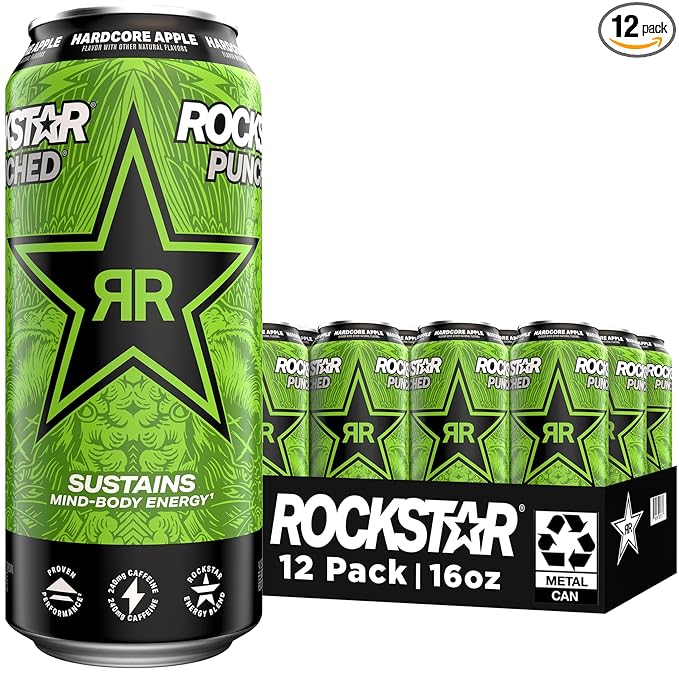 Rockstar Energy Drink Punched Hardcore Apple, 16oz Cans (12 Pack)