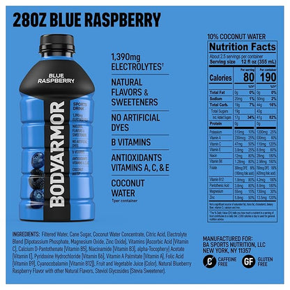 BODYARMOR Sports Drink Sports Beverage, Blue Raspberry, Coconut Water Hydration, Natural Flavors With Vitamins, Potassium-Packed Electrolytes, Perfect For Athletes, 28 Fl Oz (Pack of 15)
