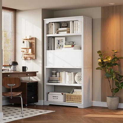 HIFYOBRO 5 Tier Bookcase Wooden 71" Tall Bookshelf with Flip-Down Door on 3rd Book Shelf, 37 in Wide Freestanding Bookshelves for Home, Office, Library (White)