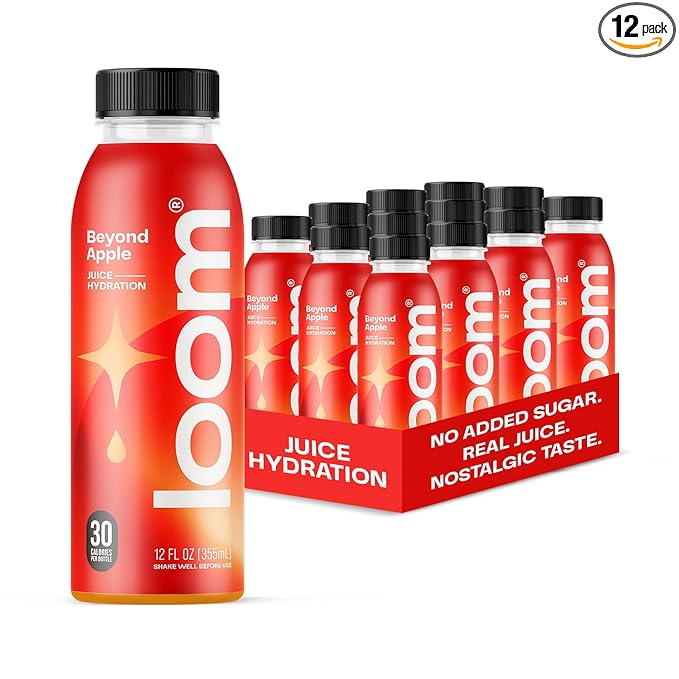 Beyond Apple Juice Drinks by Loom, Low Sugar Juice, Real Fruit, No Added Sugar, 30 Calories, Non-GMO, Vegan, Gluten Free, 12 oz bottles, 12 pack