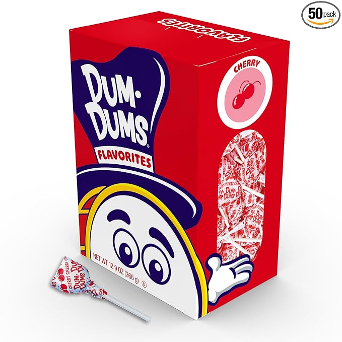 Dum Dums Cherry Lollipops - Bulk Candy Box with Lollipops Individually Wrapped, Single Flavor Gourmet Suckers - 50 Count