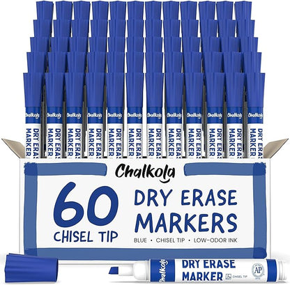 Chalkola 60 Blue Dry Erase Markers Bulk Pack, Blue Chisel Point White Dry Erase Pens - Low Odor Whiteboard Markers for Kids, Home, Office, Back to School Supplies