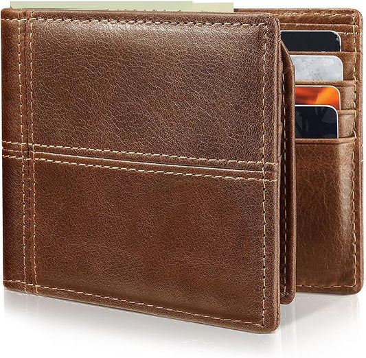 Mens Wallet Bifold Genuine Leather RFID Blocking Wallet for Men with 2 ID Windows 12 Card Holders 2 cash pockets 1 Gift Box