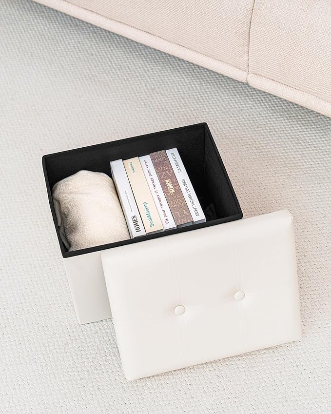 B FSOBEIIALEO Folding Storage Ottoman, Faux Leather Footrest Seat Coffee Table Toy Chest Kids, White 16.5"x12.6"x12.6"