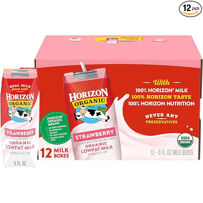 Horizon Organic Shelf Stable 1% Lowfat Strawberry Milk Boxes, 8 fl oz, 12 Count - 8g Protein per Serving, USDA Organic UHT from Pasture-Raised Cows, Ready to Drink for Lunchbox, Travel, or On-the-Go, No Refrigeration Needed