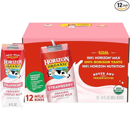 Horizon Organic Shelf Stable 1% Lowfat Strawberry Milk Boxes, 8 fl oz, 12 Count - 8g Protein per Serving, USDA Organic UHT from Pasture-Raised Cows, Ready to Drink for Lunchbox, Travel, or On-the-Go, No Refrigeration Needed