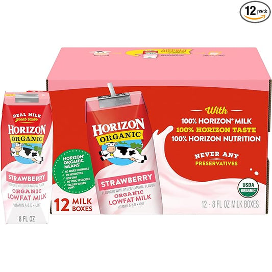 Horizon Organic Shelf Stable 1% Lowfat Strawberry Milk Boxes, 8 fl oz, 12 Count - 8g Protein per Serving, USDA Organic UHT from Pasture-Raised Cows, Ready to Drink for Lunchbox, Travel, or On-the-Go, No Refrigeration Needed