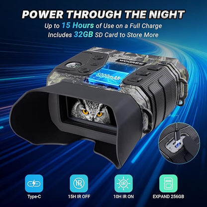 Night Vision Goggles, 4K Night Vision Binoculars for Adults, 36MP, 1300FT Range,8X Digital Zoom, 5000mAh Battery, Flashlight & Compass, Infrared Vision, 32GB Card, for Camping & Security