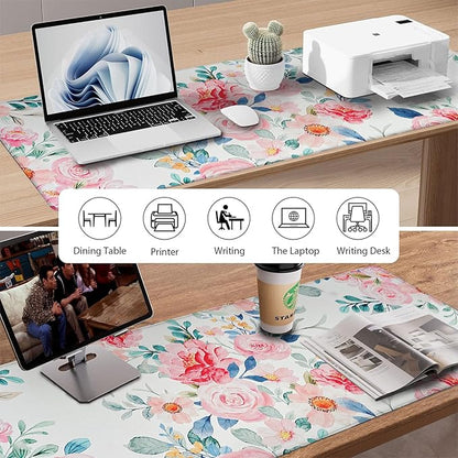Watercolor Pink Flower Patterns Desk Mat, Large Gaming Mouse Pad Non-Slip Rubber Base with Stitched Edges, Waterproof Protection for PC Laptop Home Office Desk Decor (31.5x15.7in)