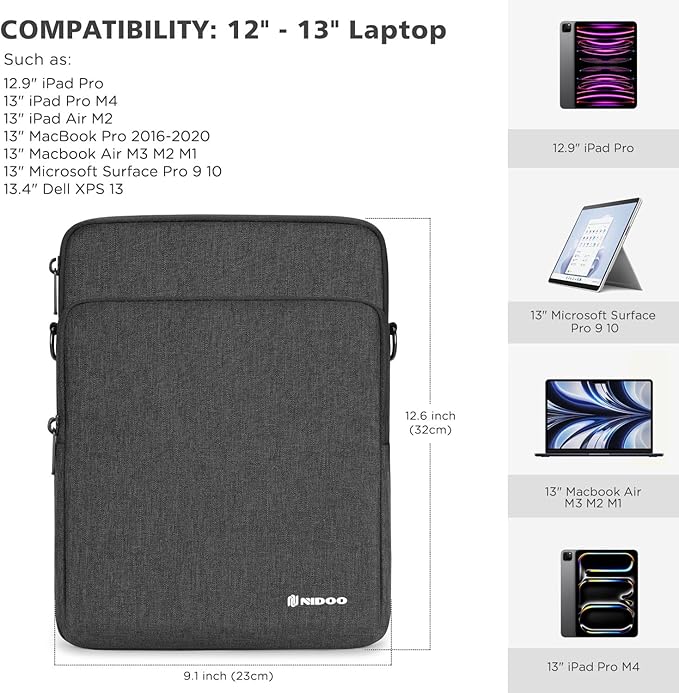 NIDOO 13 inch Laptop Sleeve Case Protective for 12.9" 13" iPad Pro Air /13" MacBook Pro Air M3 M2 / Microsoft Surface Pro 10 9 8/13.3" Galaxy Pro 360/13.4" Dell XPS 13/ HP EliteBook Computer