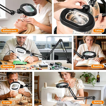 Ultra Long Arm Magnifying Glass with Light, Three-axis Rotation Infinite Color Dimmable 12X Magnifying Lamp, Large Lighted Magnifier Workbench Light for Close Work, Craft, Repair, Reading,Sewing