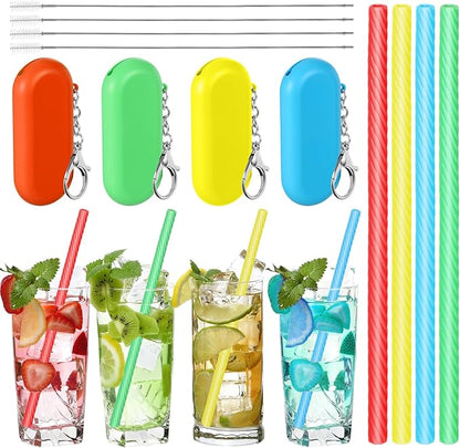 Meanplan 4 Sets Cruise Ship Essentials,4 Set Silicone Straws with Case Reusable Silicone Portable Drinking Straw Set for Party Travel Cold or Hot with 4 Carry Case, 4 Cleaning Brushes (Rainbow Colors)