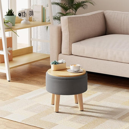 Poofzy Small Ottoman with Storage, Small Foot Stool Ottoman with Wood Legs, Velvet Foot Rest for Couch, Living Room and Bedroom - Gray