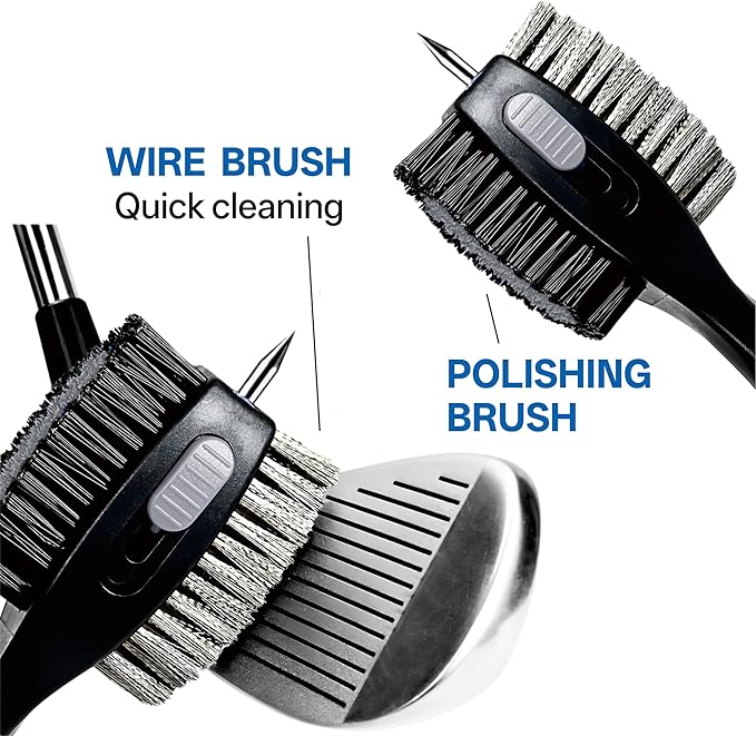 Hiker Golf Club Cleaning Brush with Groove Cleaner, Oversized Double Brush Heads, 24 inch Retractable Zipline Carabiner, Comfortable Rubber Grip for Golf Club Bag Accessories(Grey)