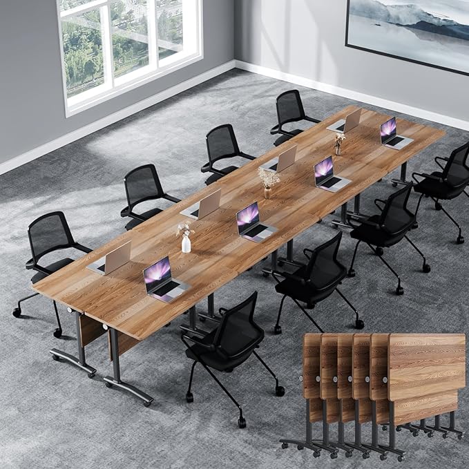 Conference Table, Foldable Conference Room Tables with Silent Wheels, Folding Modular Seminar Meeting Tables, Modern Rectangle Training Table for Office, Boardroom (6, Wood, 55.1)