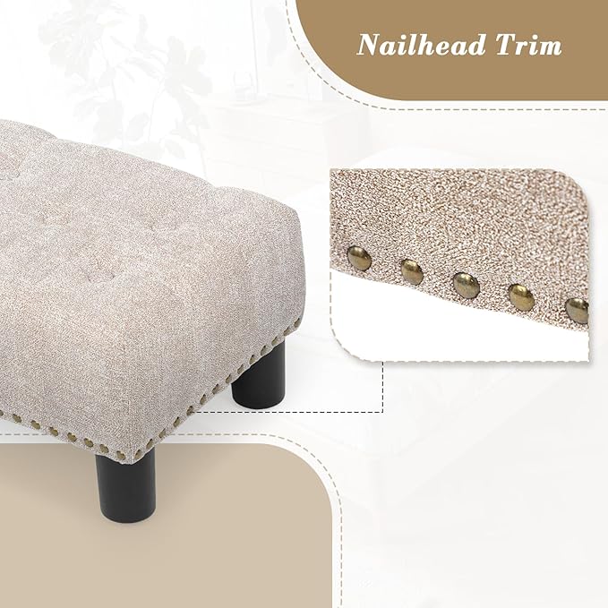 Athena Collection Small Foot Stool Ottoman with Storage, Rectangular Mini Ottoman with Legs Tufted Ottoman Foot Rest Stool Upholstered Ottoman Footstool with Nailhead Trim & Zipper, Sandy Beige