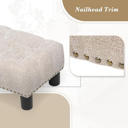 Athena Collection Small Foot Stool Ottoman with Storage, Rectangular Mini Ottoman with Legs Tufted Ottoman Foot Rest Stool Upholstered Ottoman Footstool with Nailhead Trim & Zipper, Sandy Beige
