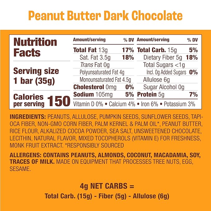 Munk Pack Peanut Butter Dark Chocolate Nut & Seed Snack Bars Stocking Stuffers | 5g Protein, 1g Sugar, 3g Net Carbs | Plant-Based, Low Sugar, Non-GMO, Gluten-Free Snacks | 12 Count (4.92 oz)