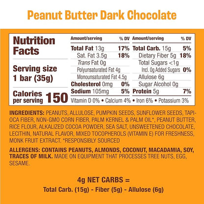 Munk Pack Peanut Butter Dark Chocolate Nut & Seed Snack Bars Stocking Stuffers | 5g Protein, 1g Sugar, 3g Net Carbs | Plant-Based, Low Sugar, Non-GMO, Gluten-Free Snacks | 12 Count (4.92 oz)