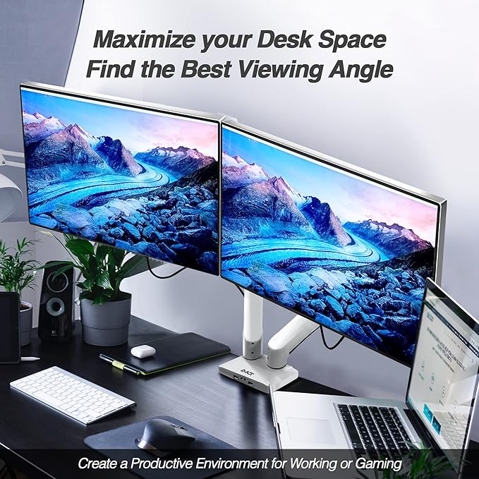 AVLT Dual 13"-43" Monitor Arm - Desk Mount for Two Flat/Curved Monitors - Full Motion Height Swivel Tilt Rotation Adjustable - White/VESA/C-Clamp/Grommet/Cable Management