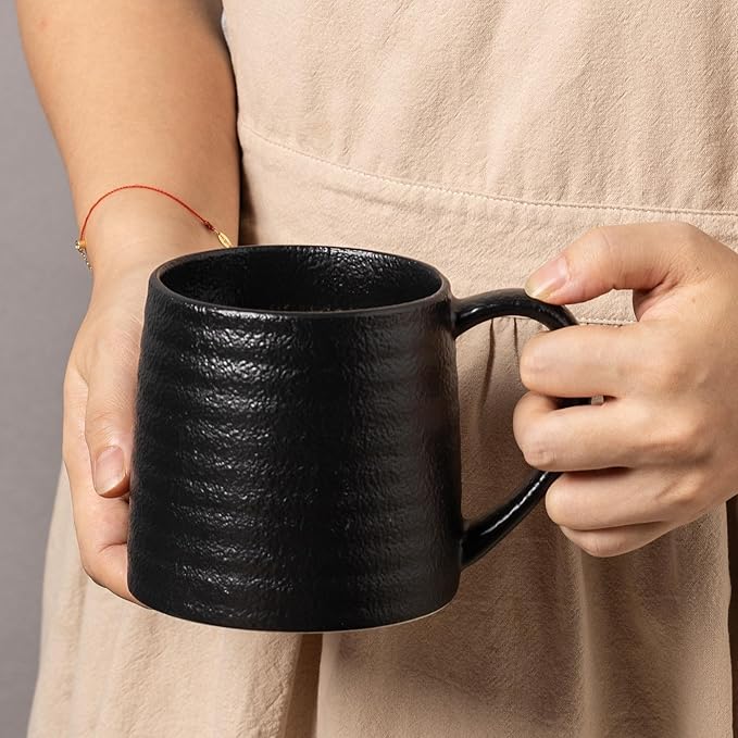 Ceramic Coffee mugs, 21 oz, Extra Large Mugs, Big Tea Cups, Large Handle, Pottery Mugs, Big Belly, Transmutation Glaze，Wide Bottom, stripe pattern, Microwave and Dishwasher Safe. (Black)