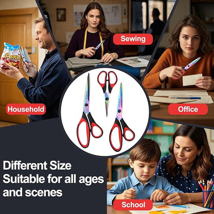 Craft Scissors Set of 3 Pack, All Purpose Sharp Titanium Blades Shears, Comfort Grip Handle, Multipurpose Fabric Scissors Tool Great for Adults, Office, Sewing, School and Home Supplies, Red&Black