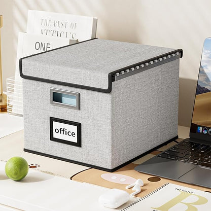 Huolewa File Organizer Box with Lid, Collapsible File Folder Organizer for Office Document Storage, Filing Box with Plastic Slide for Letter/Legal Size Hanging Files, Light Grey
