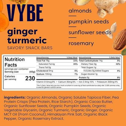 Vybe Snacks Savory Nutrition Bars Turmeric Ginger Flavor | Plant Based Vegan, Zero Added Sugar, Gluten Free, Keto Friendly, No Artificial Ingredients, Organic, 8-9 gm Protein & Gut Friendly Fiber Crunchy & Delicious (Box of 12, 45g each)