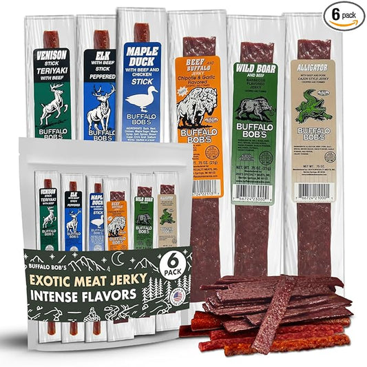 Buffalo Bob's Wild Game Exotic Snacks (6 Pack) | Beef Jerky Gift Set | Meat Gifts for Men | Variety Sampler Pack for Dad | Bison Jerky Exotic | Snack Baskets for Men | Flavor Pack