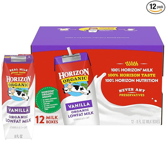 Horizon Organic Shelf Stable 1% Lowfat Vanilla Milk Boxes, 8 fl oz, 12 Count - 8g Protein per Serving, USDA Organic UHT from Pasture-Raised Cows, Ready to Drink for Lunchbox, Travel, or On-the-Go, No Refrigeration Needed