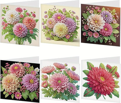 6pcs creative gift of diamond art painting birthday cards - flowers chrysanthemum, greeting card with envelope, handmade DIY painting birthday card art craft card kit postcards for family and friends