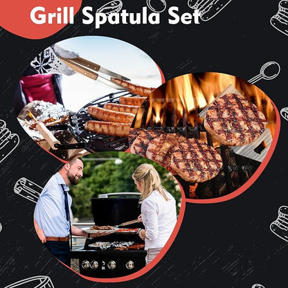 3 Pcs BBQ Grilling Accessories Set - Wooden Grilling Tools Set - BBQ Tongs Spatula Fork - Heavy Duty Stainless Steel Barbecue Grill Tools with Solid Hard Wood Handles Great Gift for Men