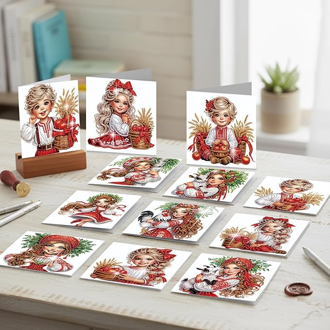 jinglinhh 12pcs Diamond Art Painting Boys and Girl in Red Greeting Cards with Envelopes, DIY Card Making Kits for Adults, Diamond Art Christmas Cards for Birthday Holiday Postcards Craft Gifts