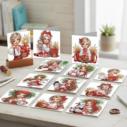 jinglinhh 12pcs Diamond Art Painting Boys and Girl in Red Greeting Cards with Envelopes, DIY Card Making Kits for Adults, Diamond Art Christmas Cards for Birthday Holiday Postcards Craft Gifts