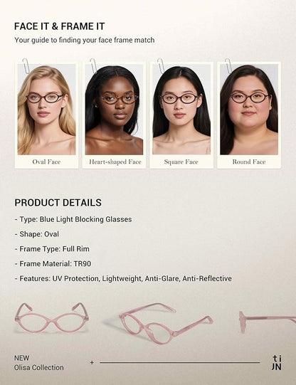 TIJN Olisa Blue Light Blocking Glasses for Women Men,Oval Glasses Frame Bluelight Glasses for Gaming/Computer/Screen