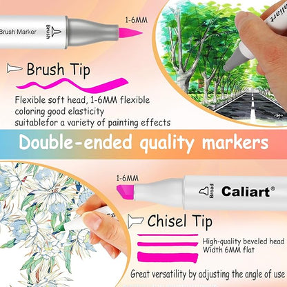 Caliart Alcohol Markers Brush Tip, 51 Colors Dual Tip Coloring Marker Pen Set Brush & Chisel, Art Supplies Kit Gift for Adults Coloring Book Artists Sketch Drawing Illustration