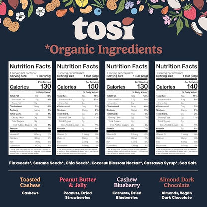 Tosi Variety Pack Protein Bars, Plant Based with Nuts, Gluten-Free Crunchy Snacks, Vegan, Organic, Flax & Chia Seeds, Soy-Free, Omega 3s, 5G-20G Protein, 1 oz and 2.4 oz, 8-Pack