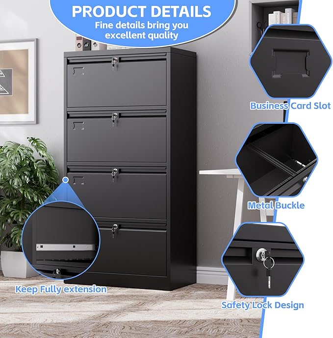 SUXXAN Metal 4 Drawer Lateral File Cabinet with 4 Lock - Wide Filing Cabinet for Letter/Legal/F4/A4 Hanging Files - Includes Business Card Holder,Home Office School Storage,Black
