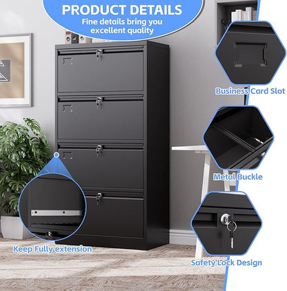 SUXXAN Metal 4 Drawer Lateral File Cabinet with 4 Lock - Wide Filing Cabinet for Letter/Legal/F4/A4 Hanging Files - Includes Business Card Holder,Home Office School Storage,Black