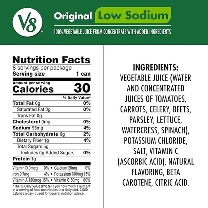 V8 Low Sodium Original 100% Vegetable Juice, Vegetable Blend with Tomato Juice, 5.5 Fl Oz - 8 Count (Pack of 6)