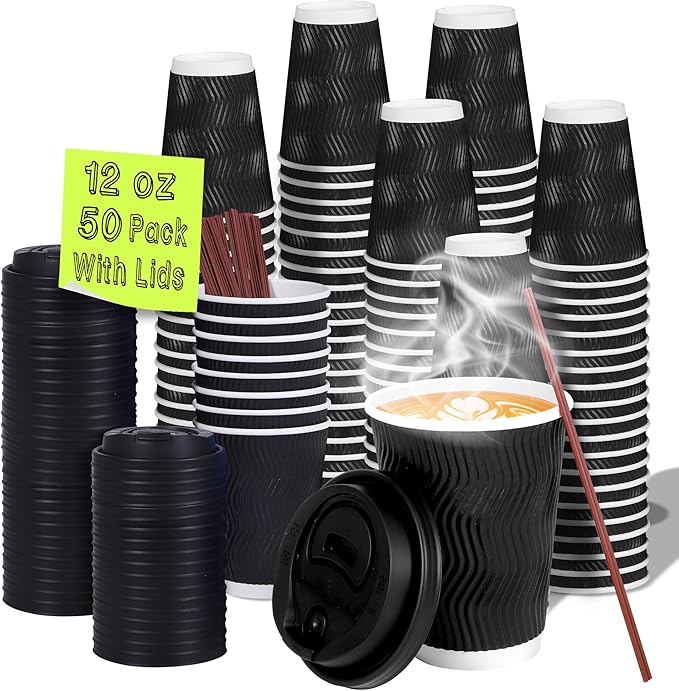 12 oz Disposable Coffee Cups with Lids 50 Pack, Leak Proof Insulated Ripple Wall To-Go Paper Coffee Cups for Hot/Cold Drinks - Black