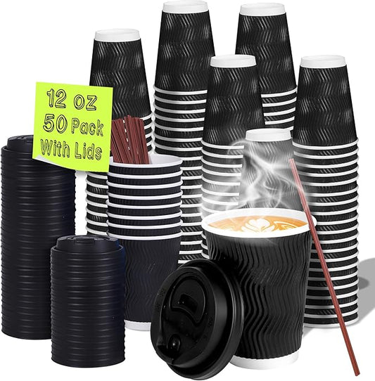 12 oz Disposable Coffee Cups with Lids 50 Pack, Leak Proof Insulated Ripple Wall To-Go Paper Coffee Cups for Hot/Cold Drinks - Black