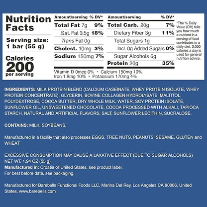 Barebells Protein Bars Brownie Dough - 12 Count, Pack of 2 - Protein Snacks with 20g of High Protein - Low Carb Protein Bar with 1g of Total Sugars - Perfect on The Go Low Carb Snack & Breakfast Bars