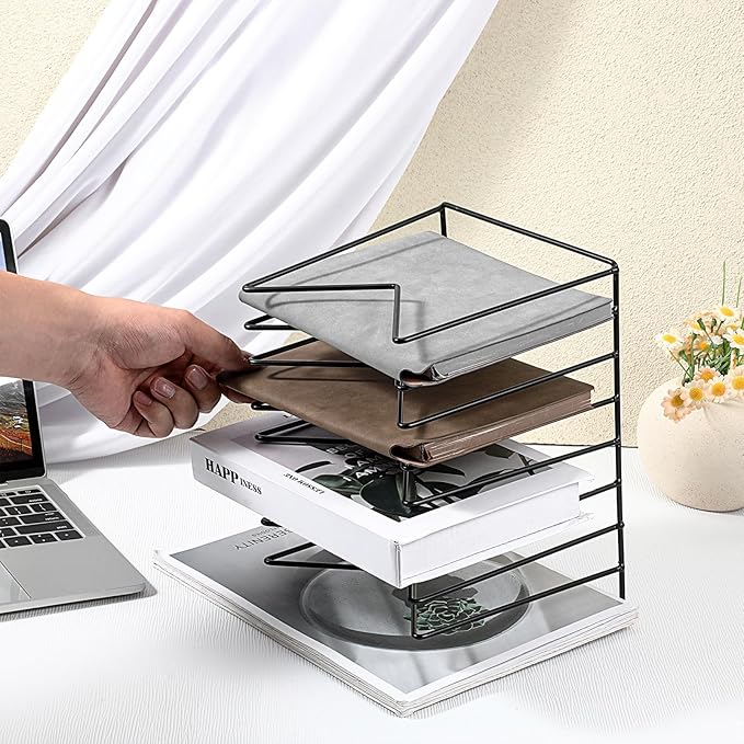 4 Sets File Folder Holder, Wire Desk File Organizer/Rack/Stand, Anti-Scratch/Rusty Iron File Holder for Desk/Clipboard Holder for Office, Home, School(Black, 8 Sections)