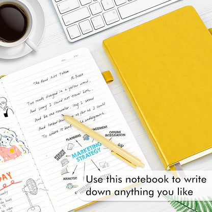 feela 24 Pack Journal Notebook for Work, Business Notebook Bulk Hardcover Lined Writing Journal with Pen Holder for Men Women Note Taking, with 24 Black Pens, 120 GSM, 5.1”x8.3”, A5, Yellow