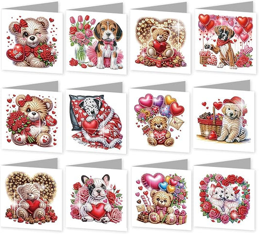 jinglinhh 12pcs Diamond Art Painting Valentine's Day Bear Dog Rose Flower Balloon Wreath Greeting Cards with Envelopes, DIY Card Making Kits for Adults, Diamond Art Holiday Birthday Cards Craft Gifts
