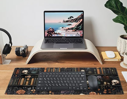Dark Bookshelf Desk Pad Gothic Gaming Mouse Mat XL, Black Large Computer Keyboard Mat Mystery Flowers Desk Mat, Cool Mouse Pad Full Desktop Mat, Vintage Desk Decor Accessories 31.5" x 11.8"