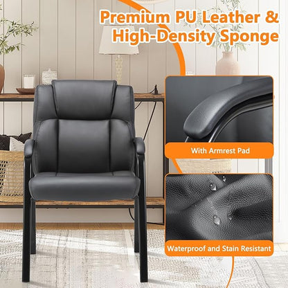 CLATINA Black Guest Chair with Arms, Office Reception Chairs for Conference and Waiting Room, Ergonomic Leather Visitor Desk Chair No Wheels Side Office Home Chairs