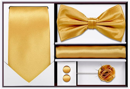 TIE G 5pcs Tie Set in WHITE OR BLACK GIFT BOX: Solid Color Necktie, Satin Bow Tie, Pocket Square, Lapel, Cuff Links