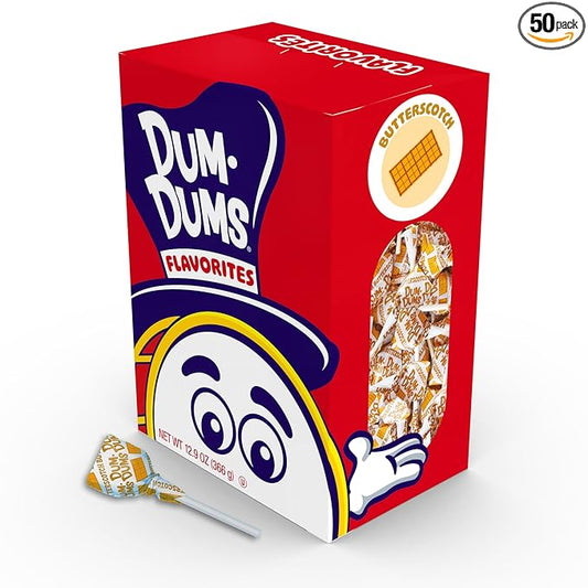 Dum Dums Butterscotch Lollipops - Bulk Candy Box with Lollipops Individually Wrapped, Single Flavor Gourmet Suckers - 50 Count
